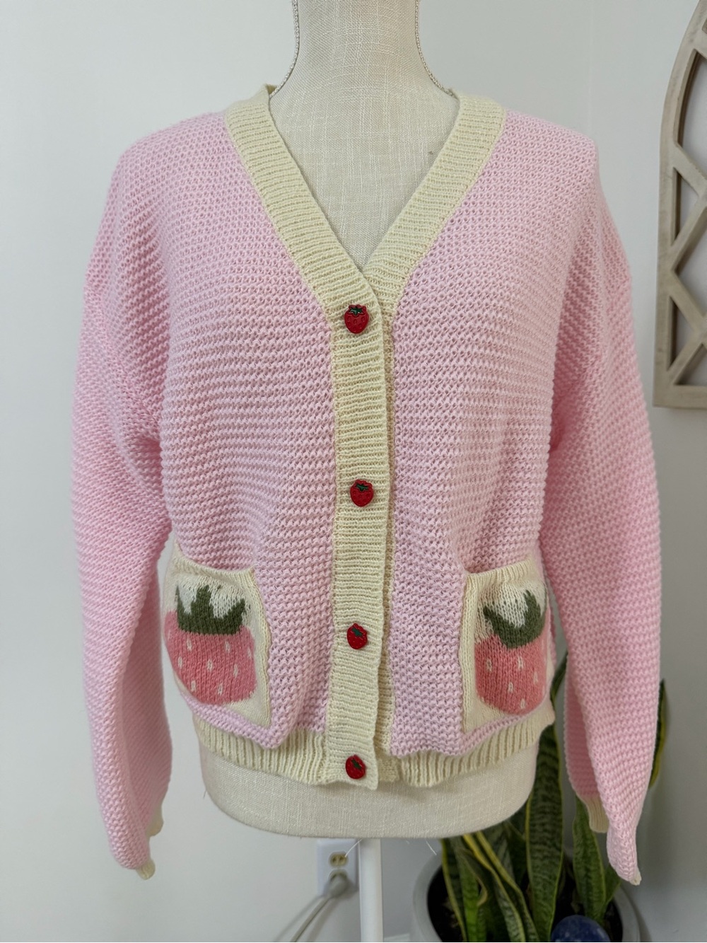 Pink Strawberry Cardigan Sweater Cream
Trim Button Up Whimsical Women’s